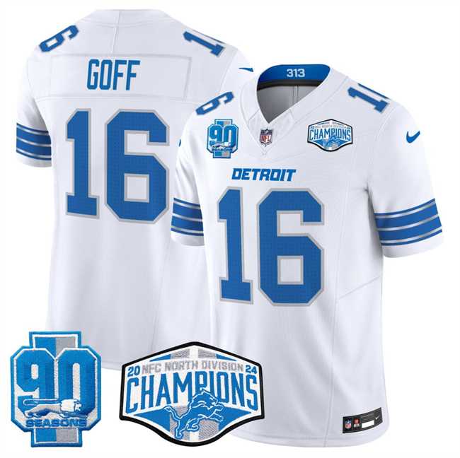 Men%27s Detroit Lions #16 Jared Goff White 2024 NFC North Champions 90th Anniversary Patch F.U.S.E. Vapor Limited Stitched Jersey